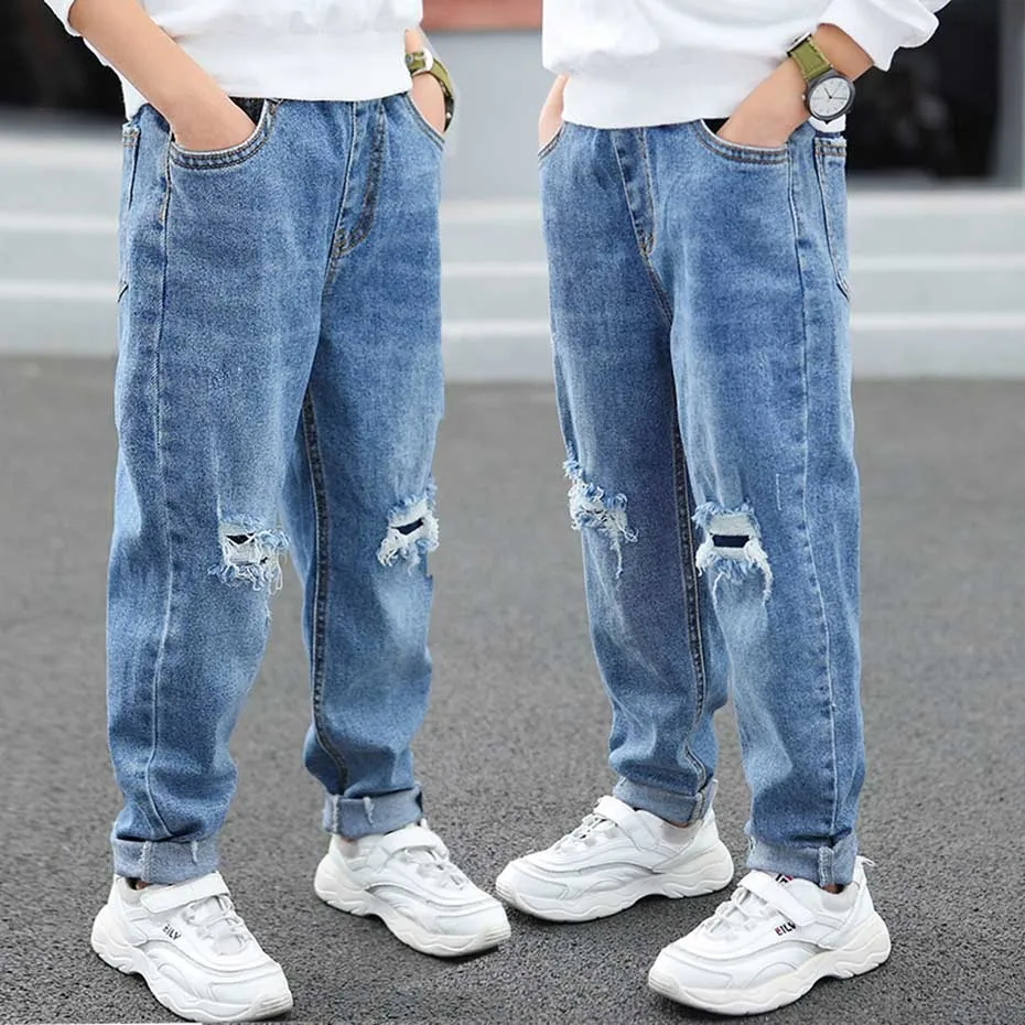 Джинсы с дырками для мальчиков модные штаны эластичным поясом повседневные