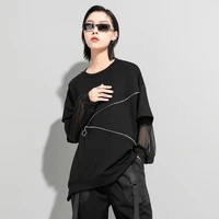 ladies long sleeve spring and summer new personality stitching mesh fashion zipper decoration loose large size leisure t shirt