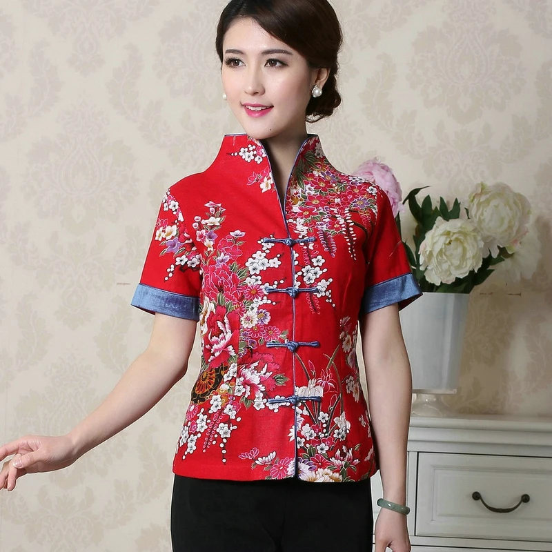Костюм Тан из хлопка и льна рубашка улучшенный Ципао с короткими рукавами топы