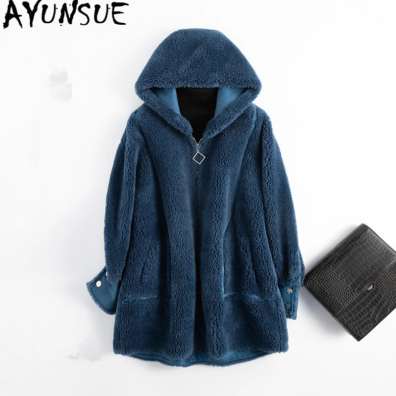 Женское шерстяное пальто AYUNSUE из овчины с капюшоном и подкладкой замши MY4188 зима