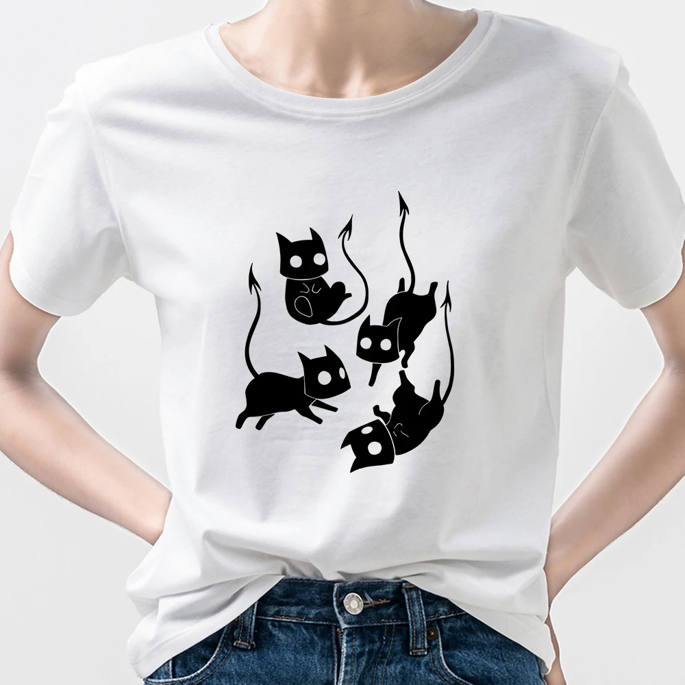 

2021 Mushroom Women T Shirt Fashion Girl Cute Four Black Kittens Printed Tshirt Gorgeous Y2k Fashion Shirts T-shirts Hipster