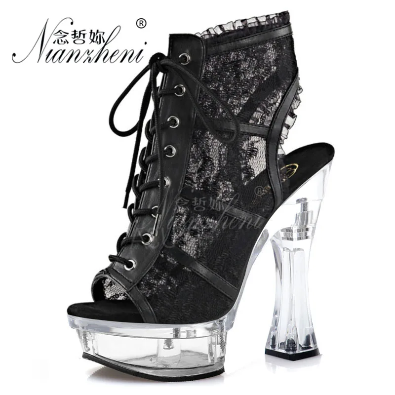 6 Inches Nightclub Pole Dance Shoes Winter Novelty 14cm Platform Low Tube Patent Leather Gothic Short Women Boots Hollow Lace