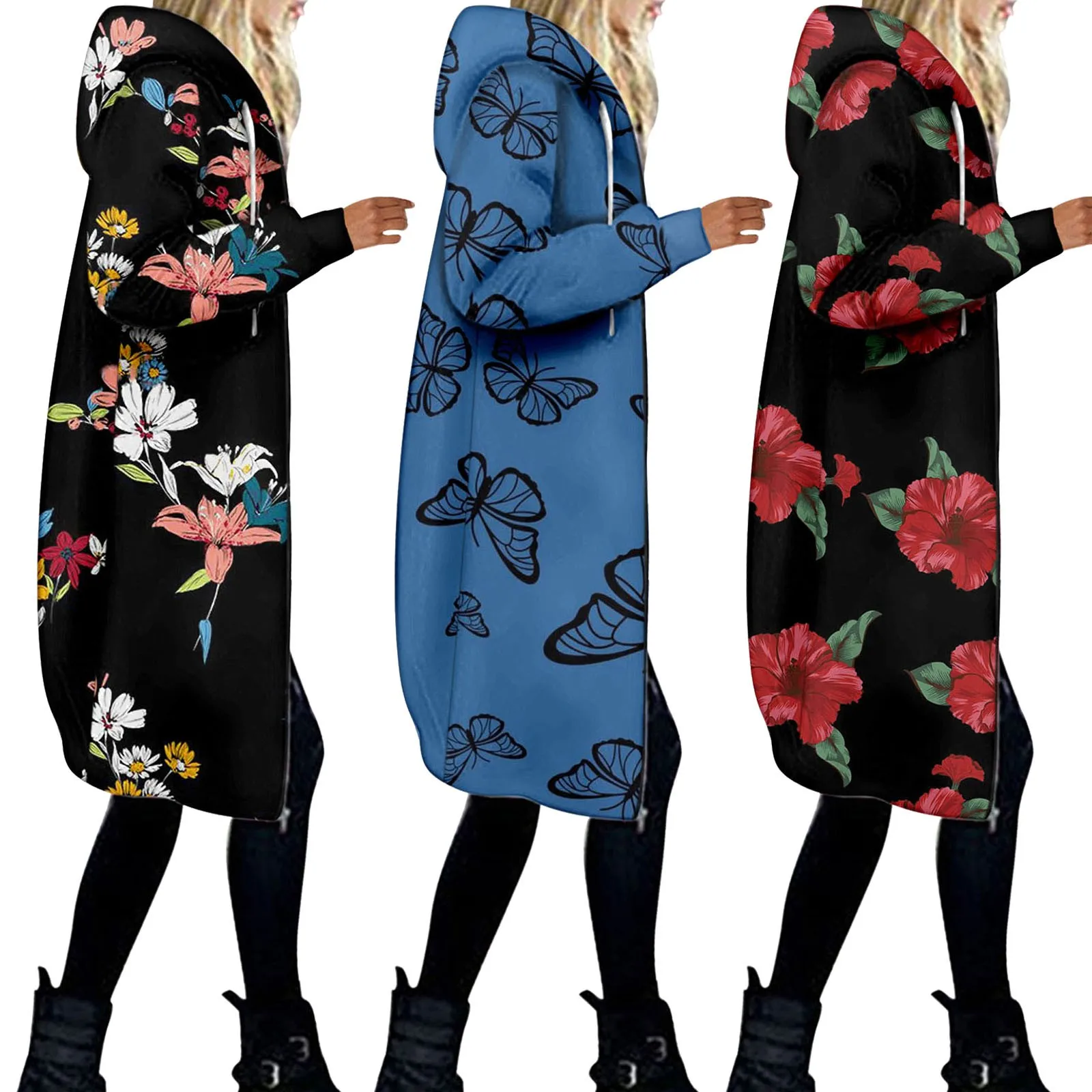 

Женские пальто средней длины с цветочным принтом и длинным рукавом, повседневное пальто на молнии с капюшоном, куртка, теплое модное пальто,...