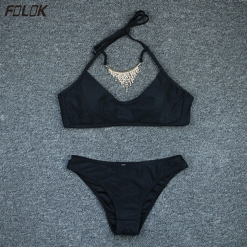 Necklace Bikini Women Push up Swimsuit Solid Gloss Swimwear Sexy Bathing Suit Female Tanga Bikinis Swimming Beachwear | Женская одежда