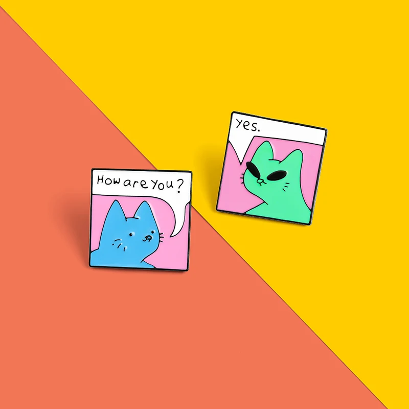 Фото Как у вас дела Curious cat эмали штырь пользовательские кошки приветствия мешочек для брошек штырь отворотом мультфильм значки с животными, ювел... №1