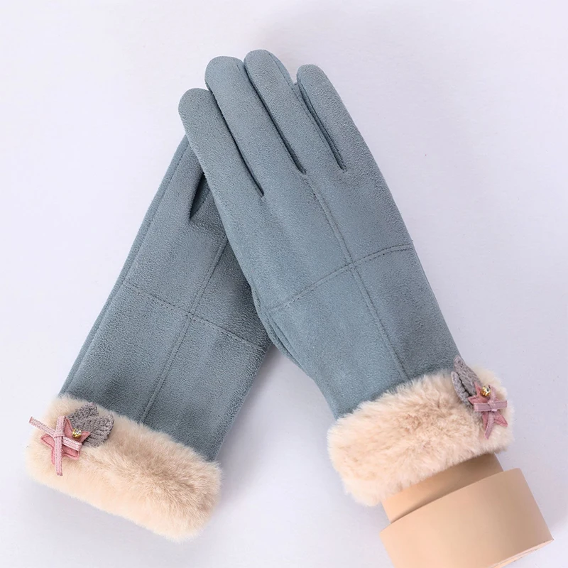 Женские замшевые перчатки для сенсорных экранов зимние двухслойные меховые
