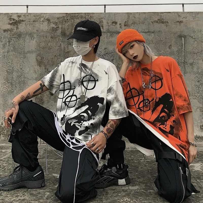 

KOSAHIKI Loose Oversized Fashion Print Women Men Tee Shirts Short Sleeve O Neck Streetwear Tops Casual Korean Ins Retro Tshirt