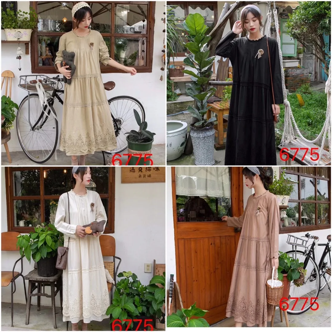 

Spring autumn dress women embroidered cotton linen stitching long loose dress