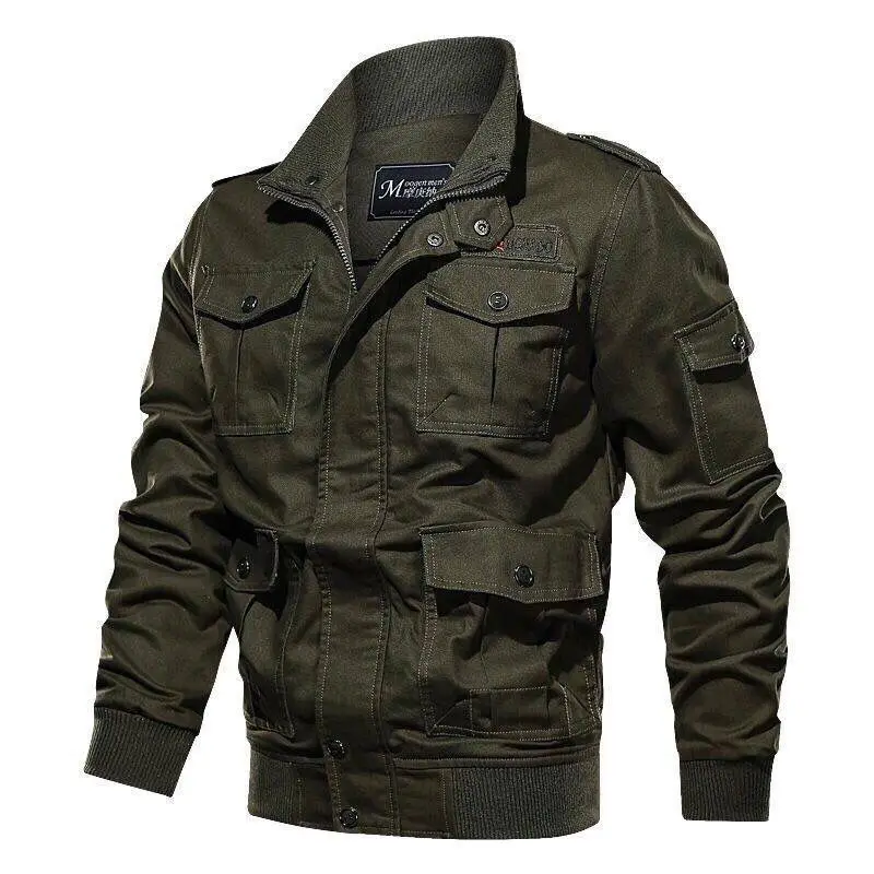 

Men 's Clothing 2021 Spring And Autumn Military Uniform Washed Stand Collar Pilot Large Solid Color Long Sleeve Jacket