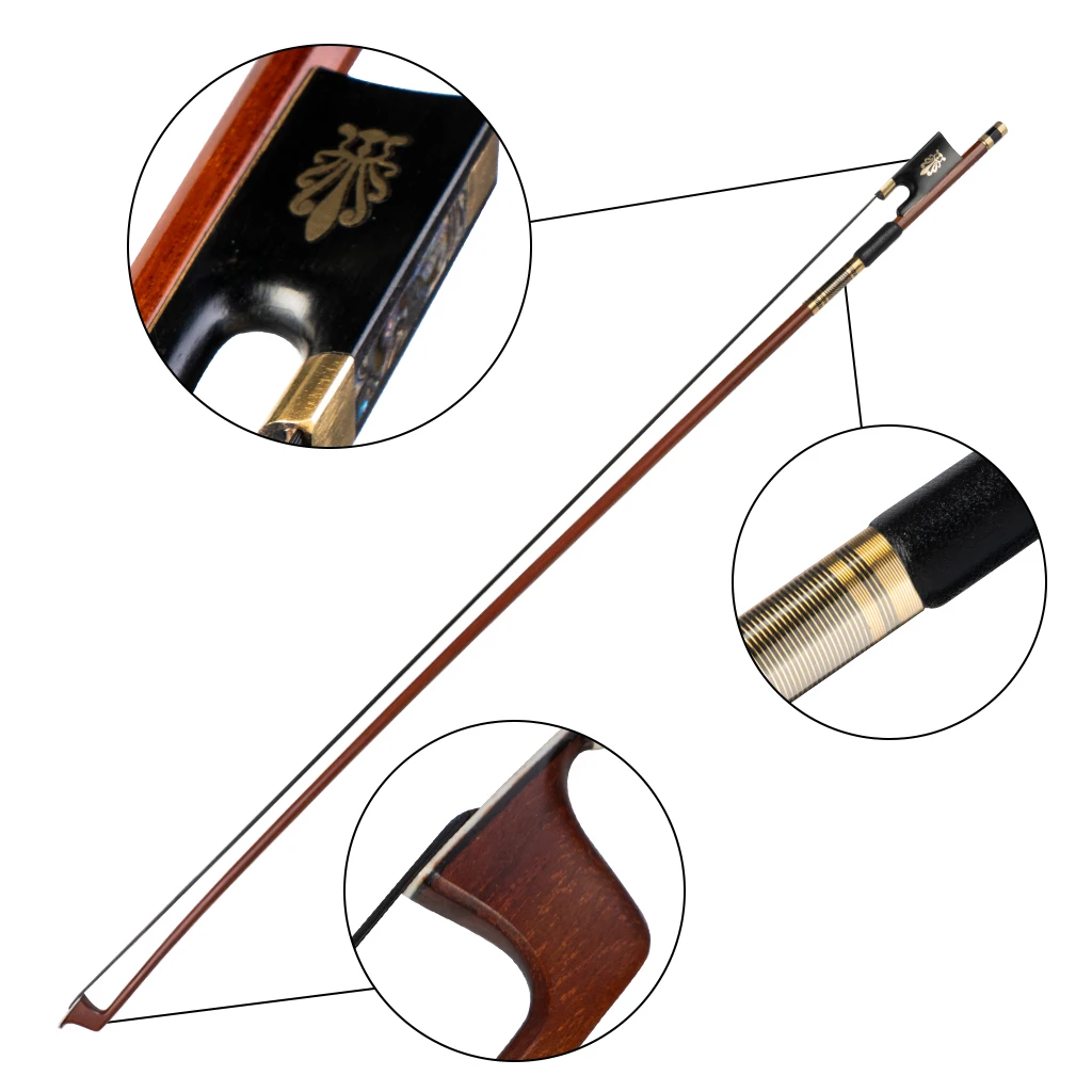 NAOMI 5pcs/1set IPE 4/4 Violin Bow Round Stick Black Horse Hair Ebony Frog w/ Peacock Pattern Inlay Durable And Fast Response enlarge