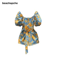 beachapche summer womens playsuit elegant off shoulder short puff sleeve romper female jumpsuit printed button up short overall