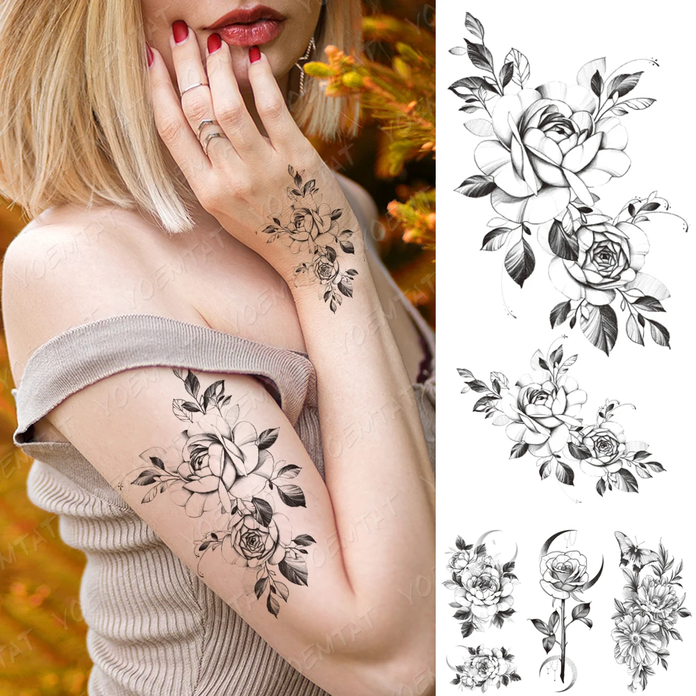 

Waterproof Temporary Tattoo Stickers Peony Rose Flower Bird Flash Tattoos Female Black Minimalist Line Body Art Fake Tatto Male