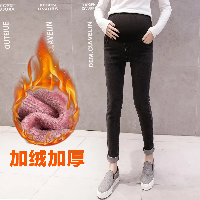 

607 # зимние плотные теплые плюс бархатные черные джинсовые обтягивающие джинсы для беременных утепленные флисовые брюки для живота для беременных
