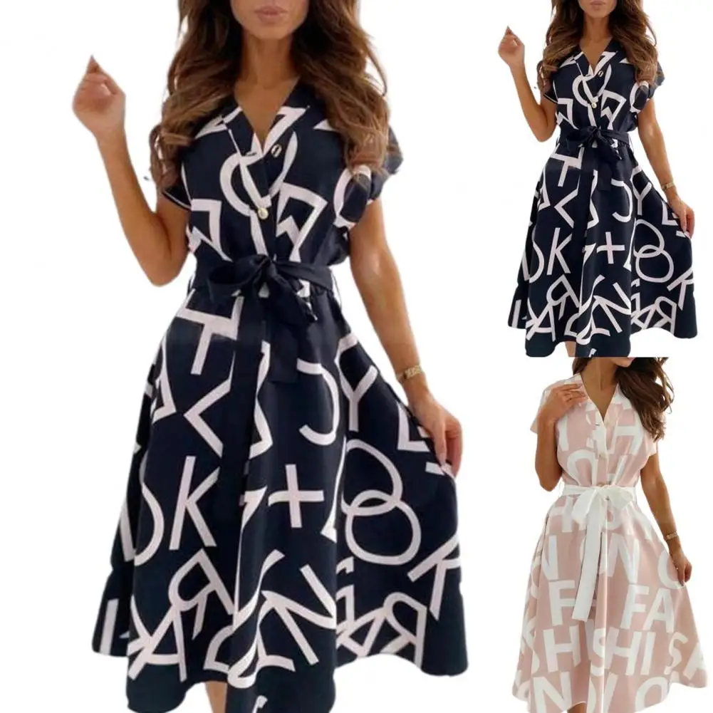 

2021 New Women Dress Letters Print V Neck Summer Short Sleeve Buttons Belt High Quality GracefulDress for Wedding Daily Wear