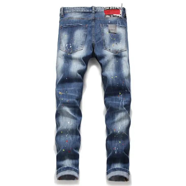 mens jesns washed lacquer cat-whisker slim stretch jeans European and American small feet trendy beggar pants trendy pants
