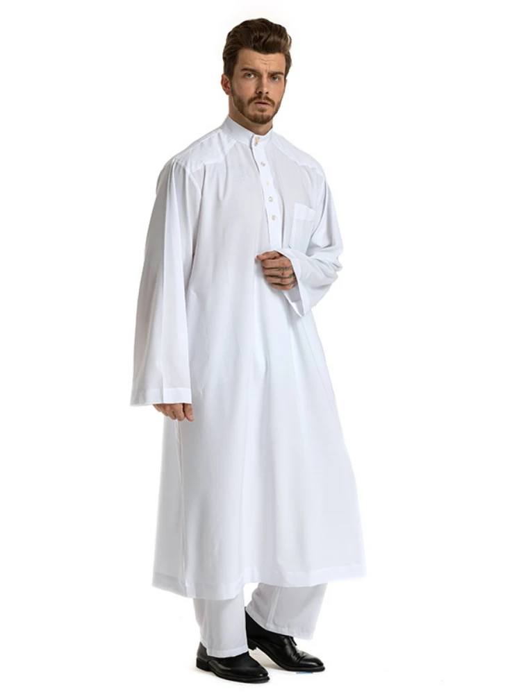 

Abaya Kaftan Islam Hui Nationality Stand-up Collar Robe Male Middle East Arab Solid Color Long-sleeved Robe Suit Two-piece 2021