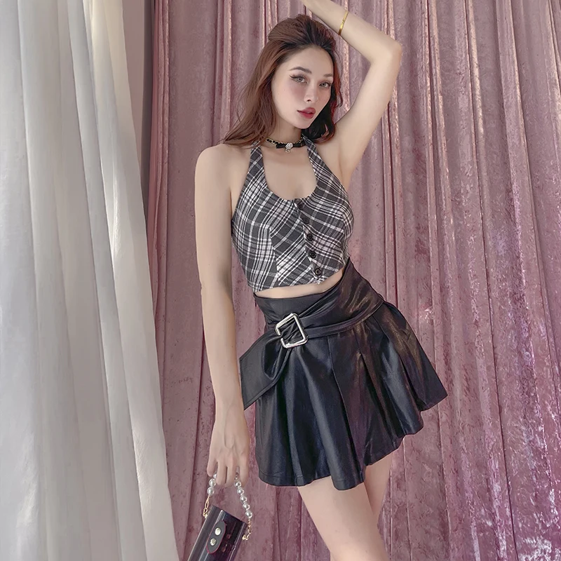 

Новинка лета 2021, черная плиссированная юбка из искусственной кожи с высокой талией, приталенная универсальная модная повседневная Уличная ...