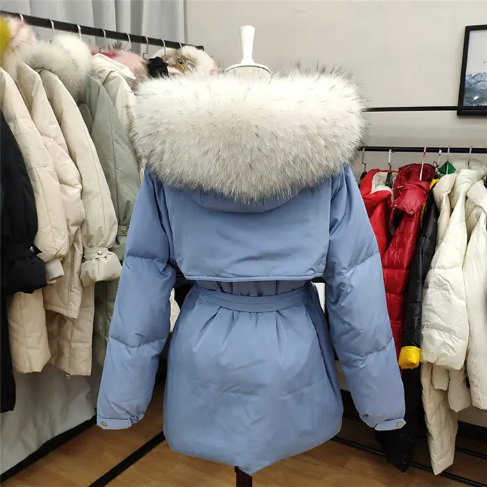 White Down Coat Winter Woman Fashion New Hooded Fur Collar Warm Thicken Cotton Clothing Casual Parkas Belt Overcoat f1401