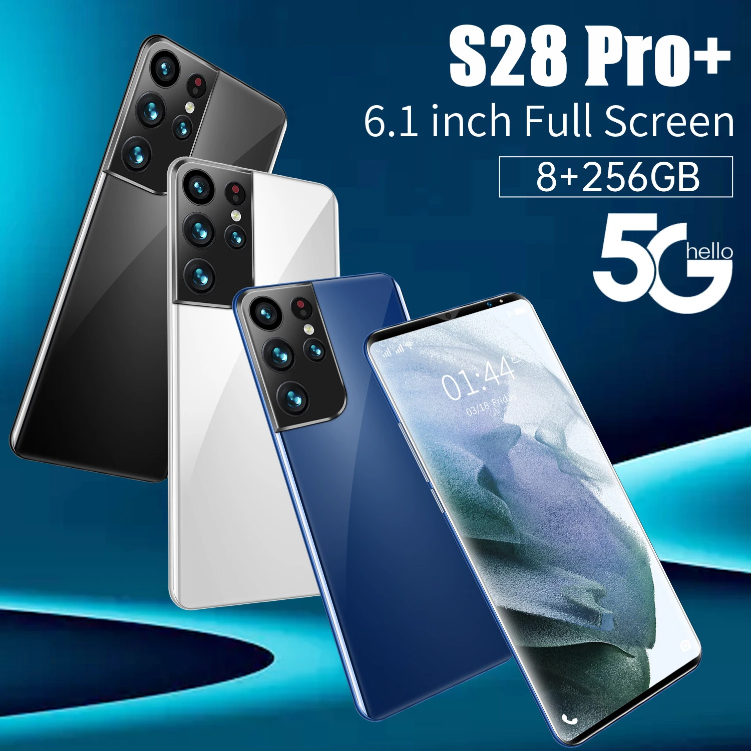 

S28 Pro+ 6.1 Inch 1440*3200 6000mAh Andriod 11 Face ID Dual SIM Cell Phones 10 Core 8GB+256GB 32MP+64MP Smart Phone MT6889+