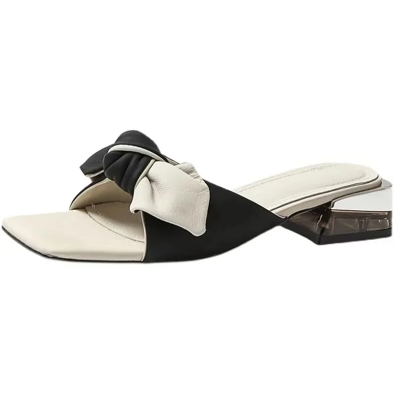 

Ladies Summer Square Heels Slippers Women Shoes Elegant Fashion Bow sandals 2021 New flip flops Slides Sexy Beach Shoes