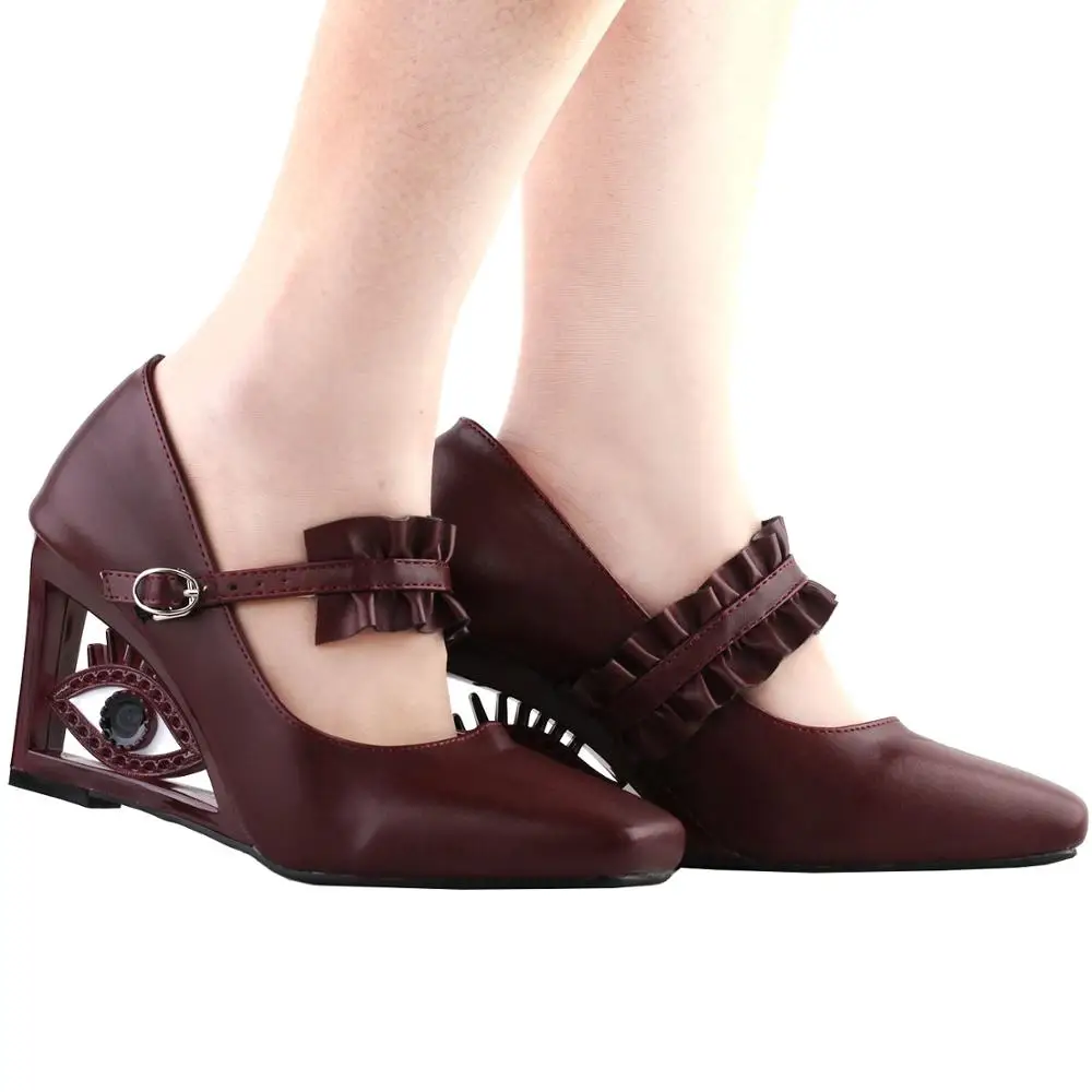 

SHOW STORY Vintage Ruffle Mary-Jane Square-Toe Wedge Eye Shape High Heels Pumps