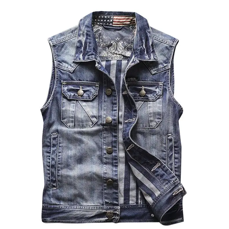 Men Slim Vintage Style Biker Motorcycle Denim Vest Multi Pocket Single Breasted Turn Down Collar High Quality | Мужская одежда