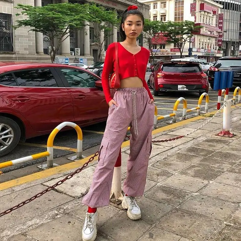 Nice Casual Striped Patchwork Cargo Pants Women High Waist Full Length Loose Bunch Legs Trousers | Женская одежда