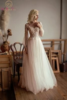 tulle wedding dress boho ivory illusion long sleeve embroidered lace bohemian simple beach bridal gown bride transparent