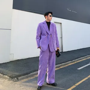 Костюм мужской вельветовый из 2 предметов, винтажный повседневный костюм, уличная мода, брюки с поясом на резинке, одежда для сцены