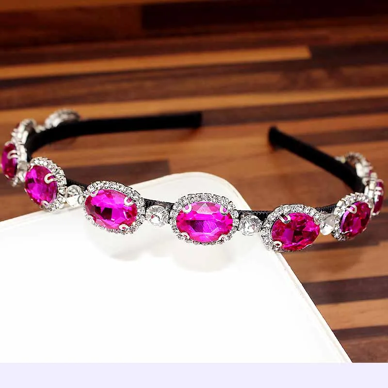 oval crystal Широкая винтажная Роскошная розовая кристальная тиара в стиле барокко, королевская повязка на голову, блестящие стразы, повязка для волос для женщин, свадебные аксессуары для волос - Окраска металла: oval crystal
