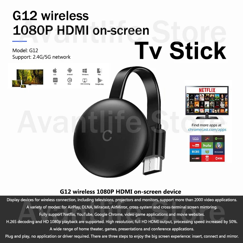 

ТВ-флешка G12 для медиаплеера 4K HD, Wi-Fi, 1080P HD