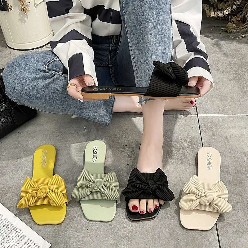 

Shoes Slippers Soft Slides Slipers Women Fashion Butterfly-Knot Comfort 2021 Luxury Summer Flat Rubber Cotton Fabric Butterfly-k