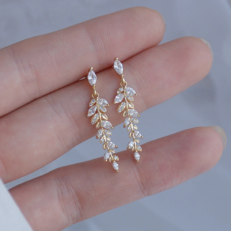 

Long Cute Leaf Stud Earrings with Bling Zircon Stone for Women 14K Gold Fashion Jewelry Korean Earrings
