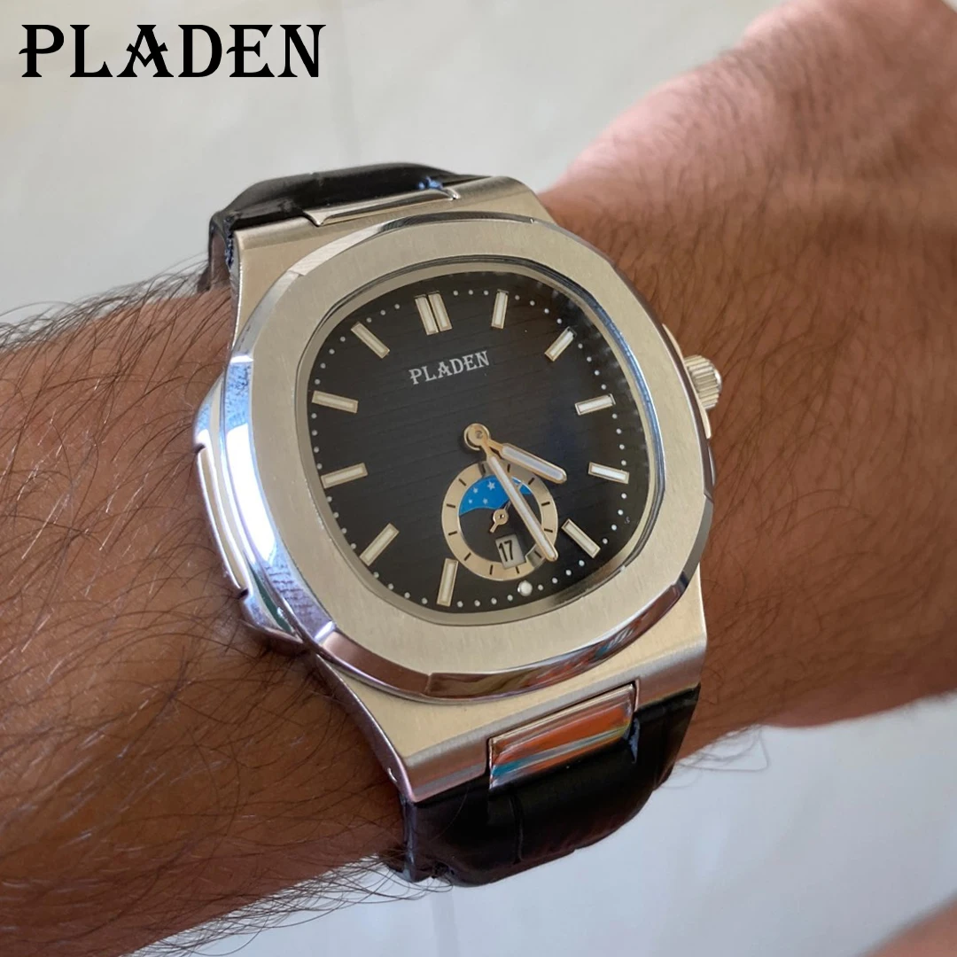 PLADEN Men Watches Modern Senior Waterproof Leather Quartz Wristwatch Strap Moon Phase Auto Date Patek Business Dive Male Clock