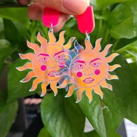punk geometric big sun face laser color acrylic drop earrings for women girls smiling long dangle earrings fashion party jewelry