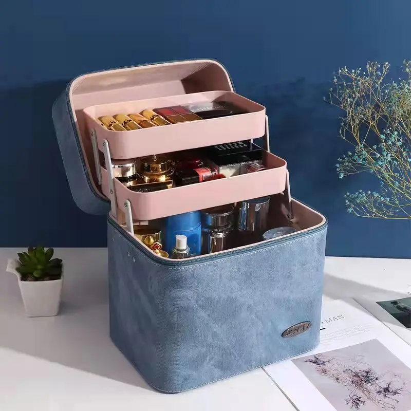 

Large Capacity Makeup Bag Multi-layer Women Cosmetic Box Suitcase PU Leather Female Make Up Box Jewelry Nail Travel Storage Case