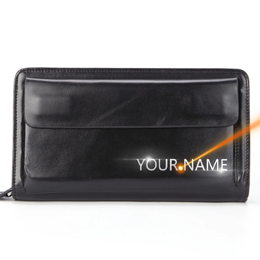 

2021New Name Engraving Man Wallet Classic Genuine Leather Zipper Long Male Wallet High Quality Zipper Card Holder Male Purses