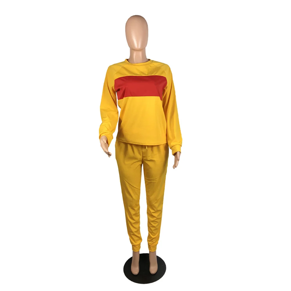 

2021 Autumn Winter Female Sets O-Neck Full Sleeve Color Block Spliced Top Pockets Long Pants Two Piece Set Outfits Tracksuits