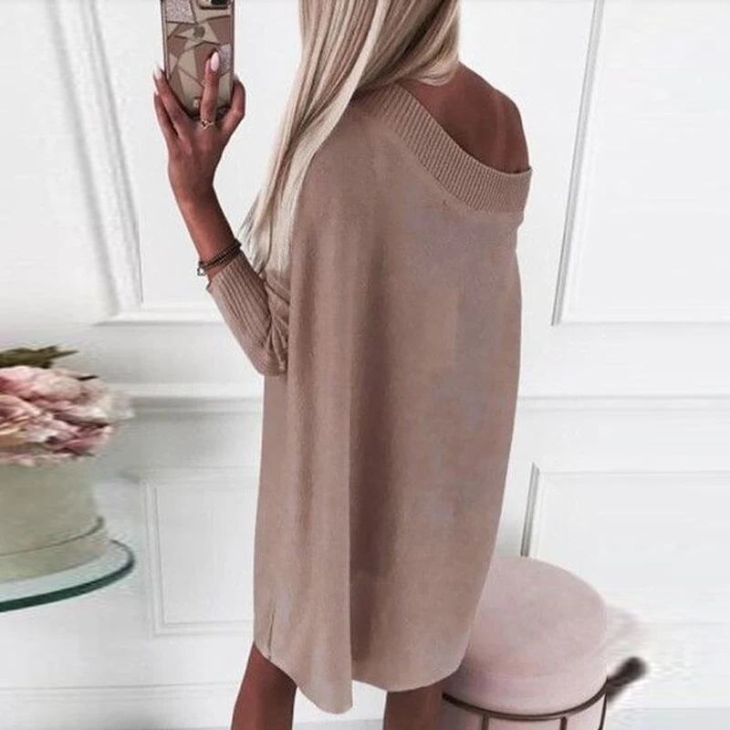 

Casual Loose Slash Neck Women Party Dress Elegant Knitted Solid Long Sleeve Pullover Dress Sexy Off Shoulder Pocket Mini Dresses