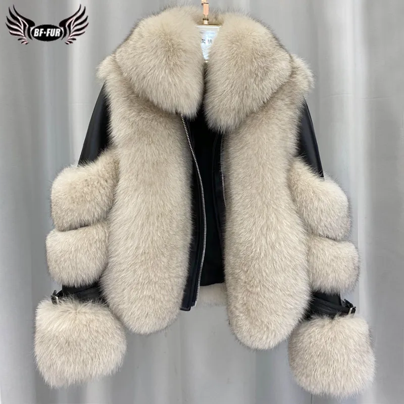 BFFUR 2022 Winter Fashion Women Real Fox Fur Coat Genuine Sheepskin Leather Jacket Natural Fox Fur Coats with Detachable Collar