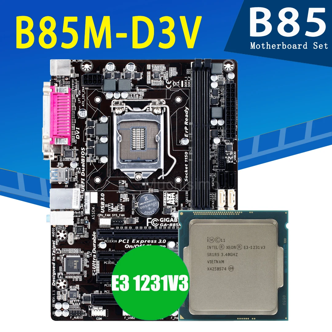 Verkauf Gigabyte B85M-D3V Motherboard Mit Intel Xeon E3-1231 V3 CPU Motherboard Kombination 3,4 GHz 4-Core PC Intel B85 Placa-Mãe 1150