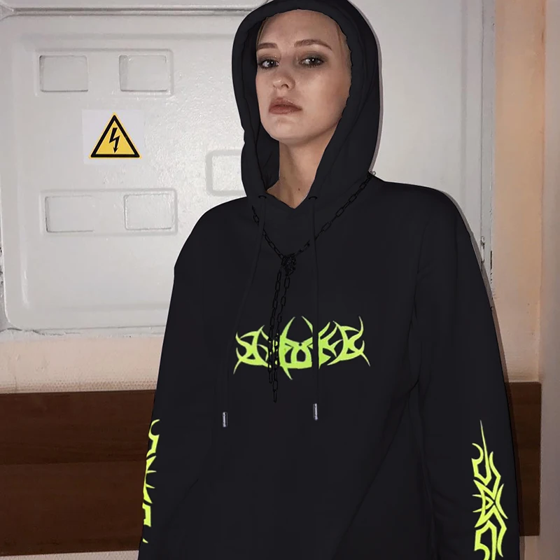 

DropShipping Casual Loose Black Long Hoodie Oversized Womens Hoodies Pullover Fluorescence Letter Print Sweatshirt Women Autumn