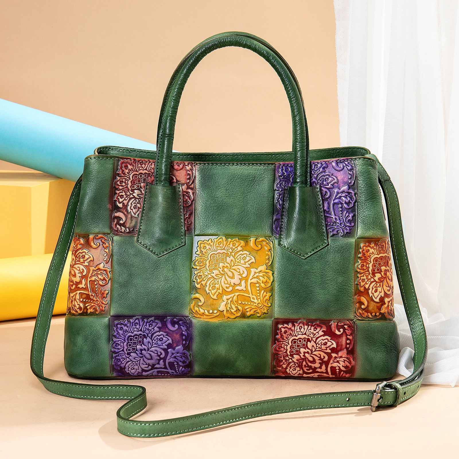 

High Quality Green Color Embossed Flower Top-Handle For Women Shoulder Purse Vintage Genuine Leather Large Crossbody Handbags