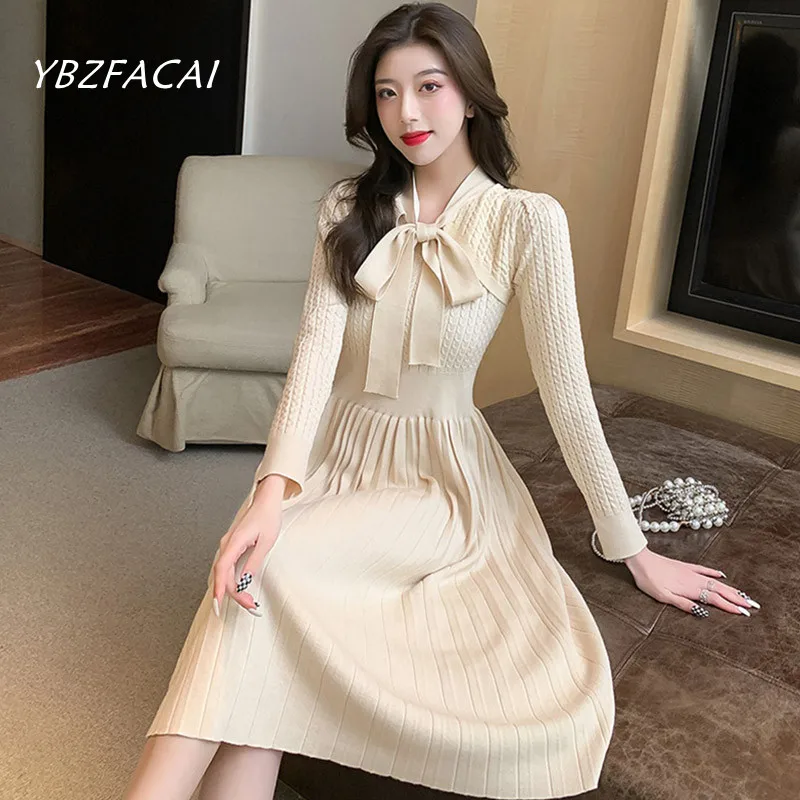 

New Elegant Winter BowTie Knitted Sweater Dress Women Fashion Long-Sleeved Slim Waist Bottoming Pleated Mid-Length Party Dress