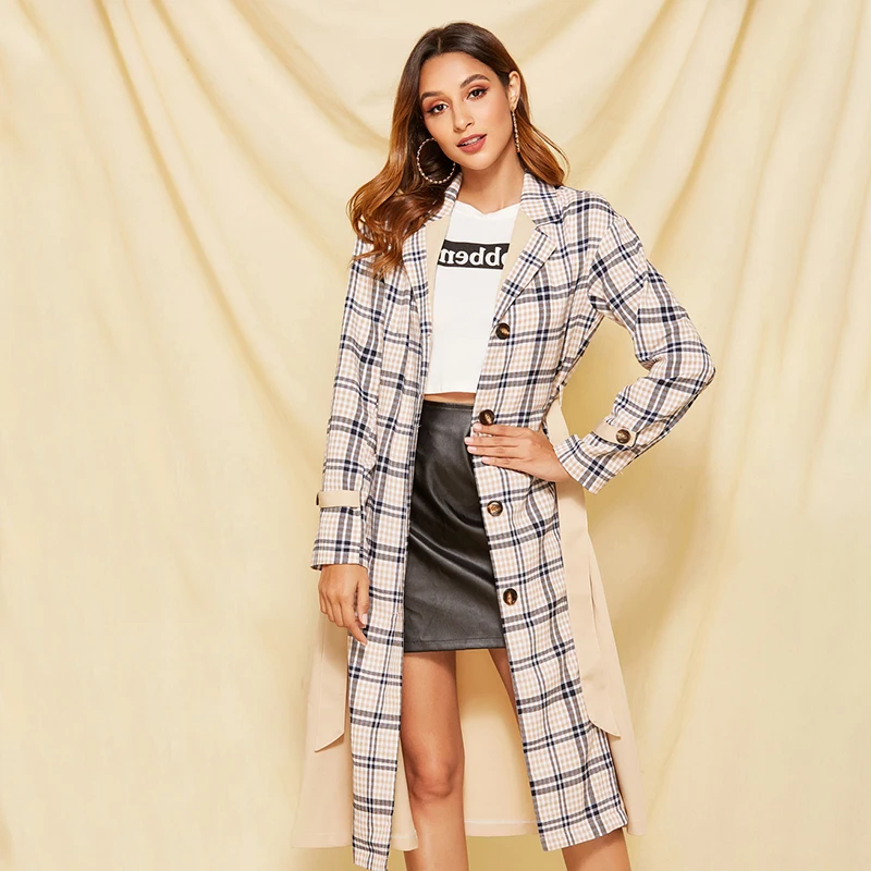 Женское повседневное пальто в шотландскую клетку черно-белое теплое с карманами
