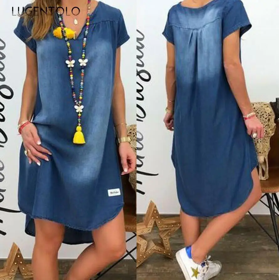 

Lugentolo Summer Dress Women Irregular Hem Solid Empire V-Neck Casual Plus Size Knee-Length Womens Midi Dresses