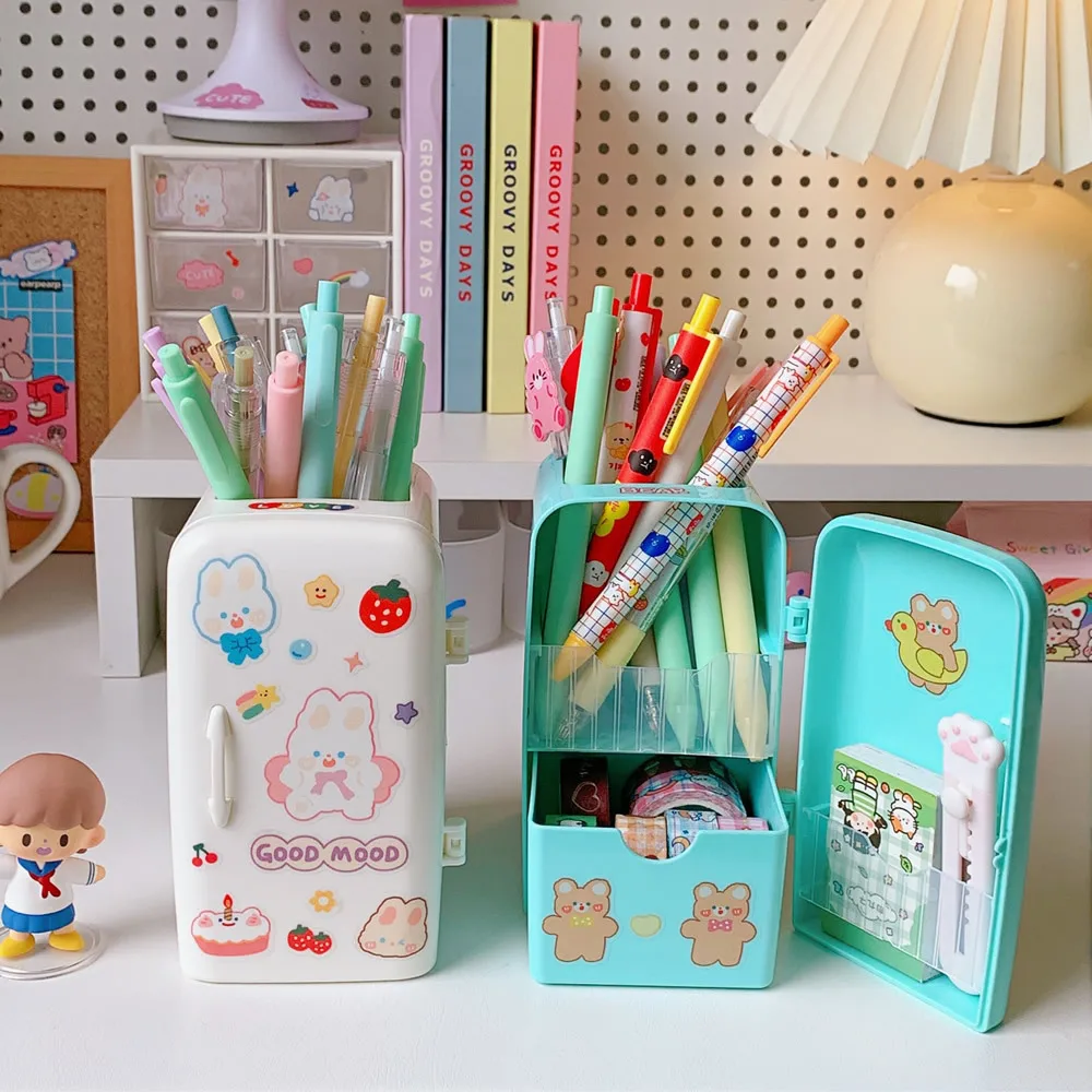 MINKYS Kawaii Refrigerator Pen Holder With 1PC DIY Sticker Desktop Makeups Pencil Pens Storage Box Creative School Stationery | Канцтовары