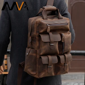 mva vintage genuine leather backpack 15laptop bag multi pockets school business travel daypack large mens leather backpack bag free global shipping