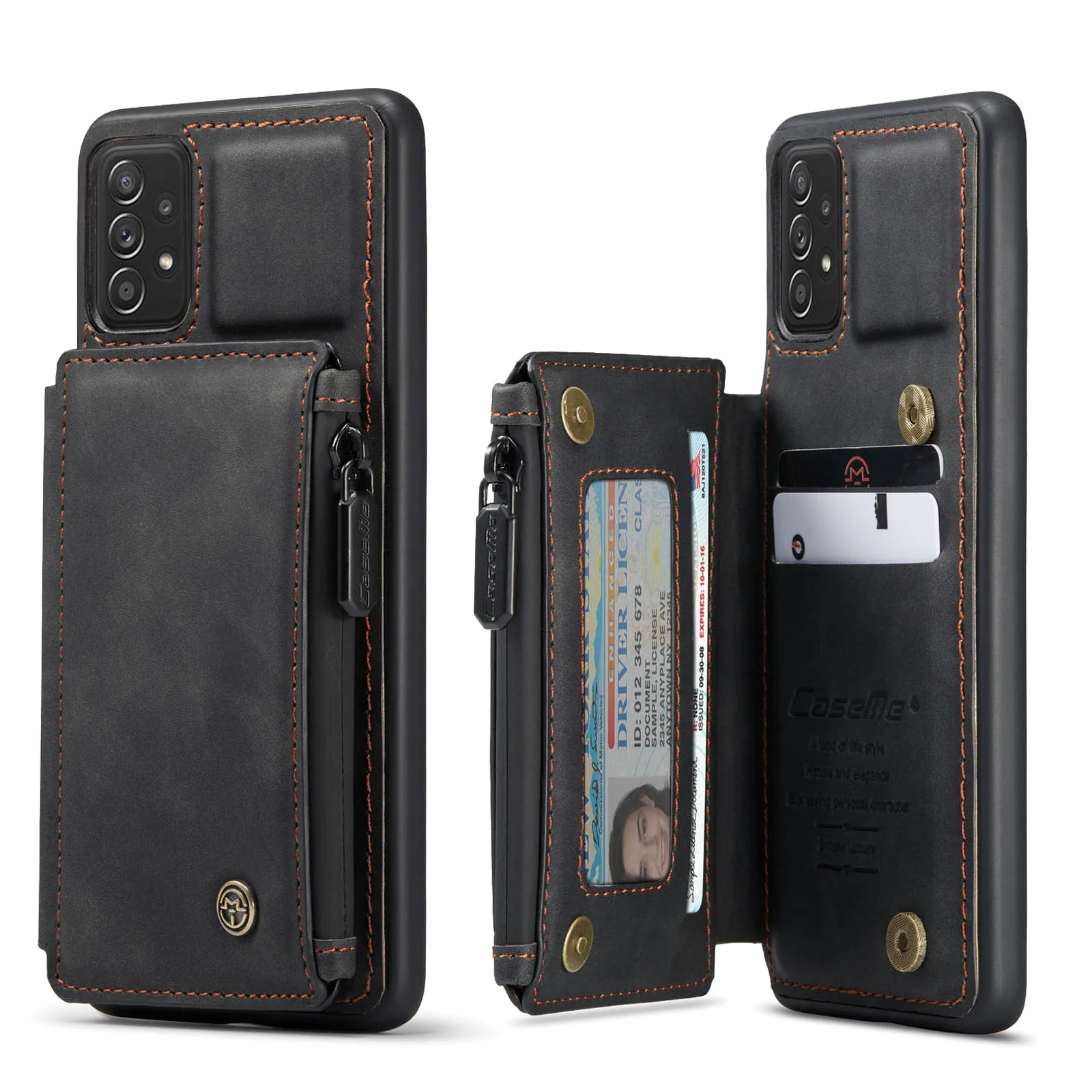 

For Samsung A51 A71 A52 A72 A21S 4/5G Multifunction Zipper Bag Flip Case Wallet Stand Phone Card Back Cover With Magnetic Buckle