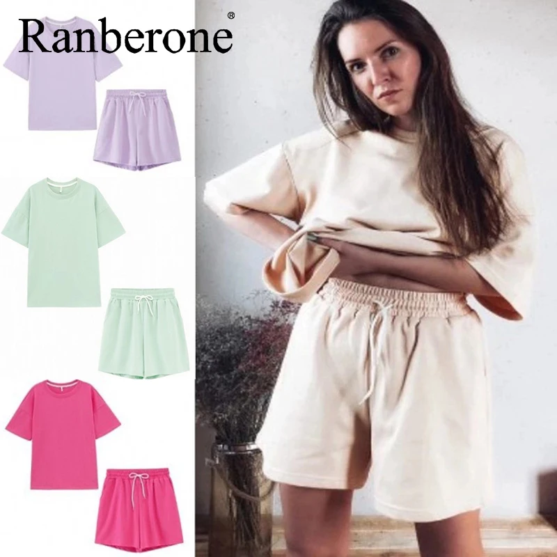 

Ranberone Summer Casual Women's Tracksuit Short Sleeved Elastic Waist Shorts Two Piece Set Sport Suit Female Fitness Sportswear